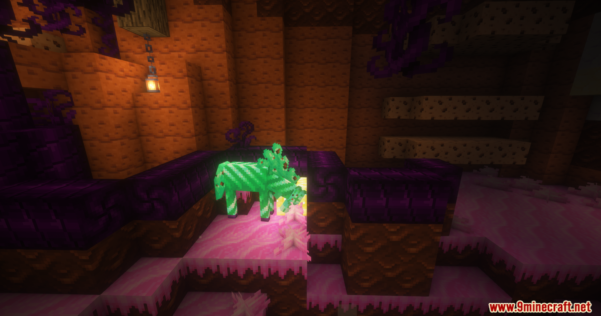 Green mint candy wolf mob standing on pink frosting blocks