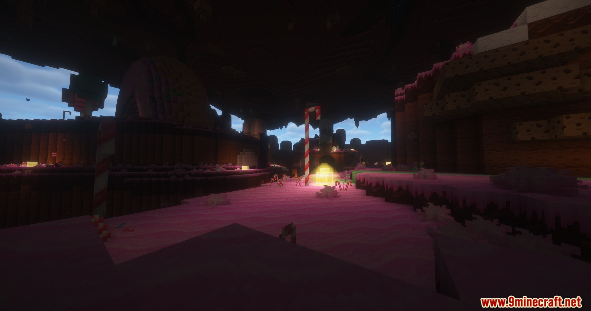 Candy themed cave biome with pink ground and striped pillars