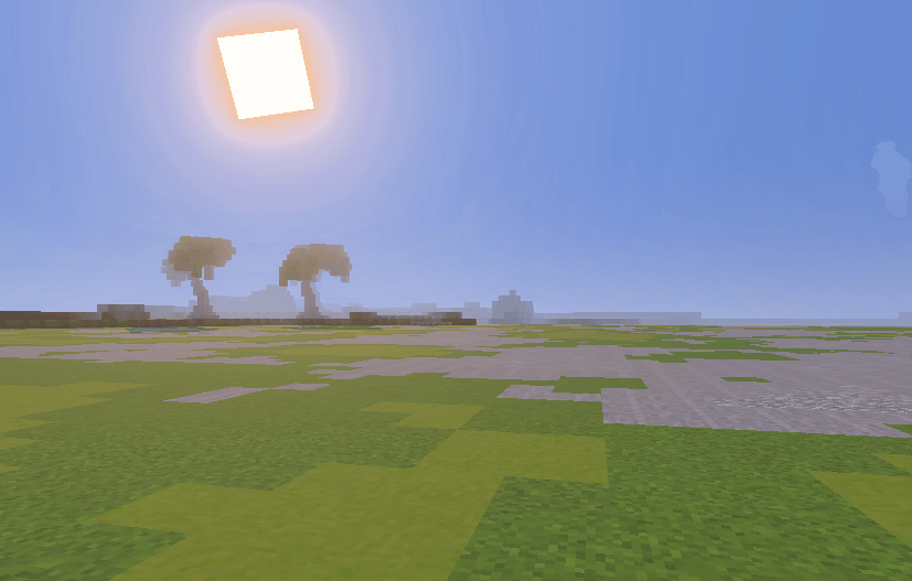 Flat grassy plain with scattered trees under a bright sun