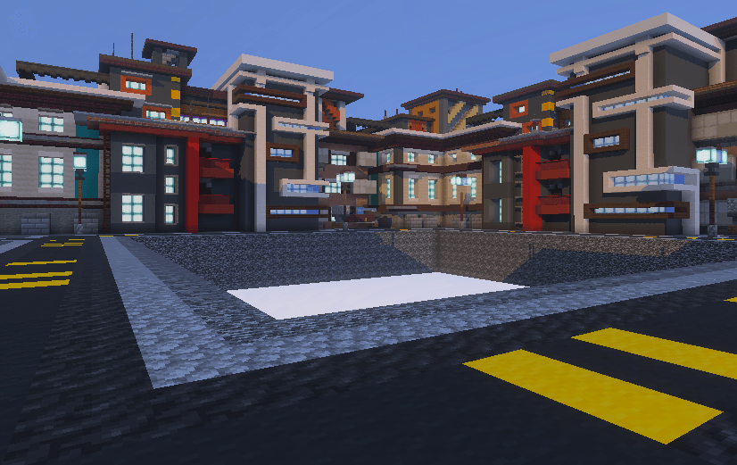 Urban style practice arena featuring modern buildings and paved roads