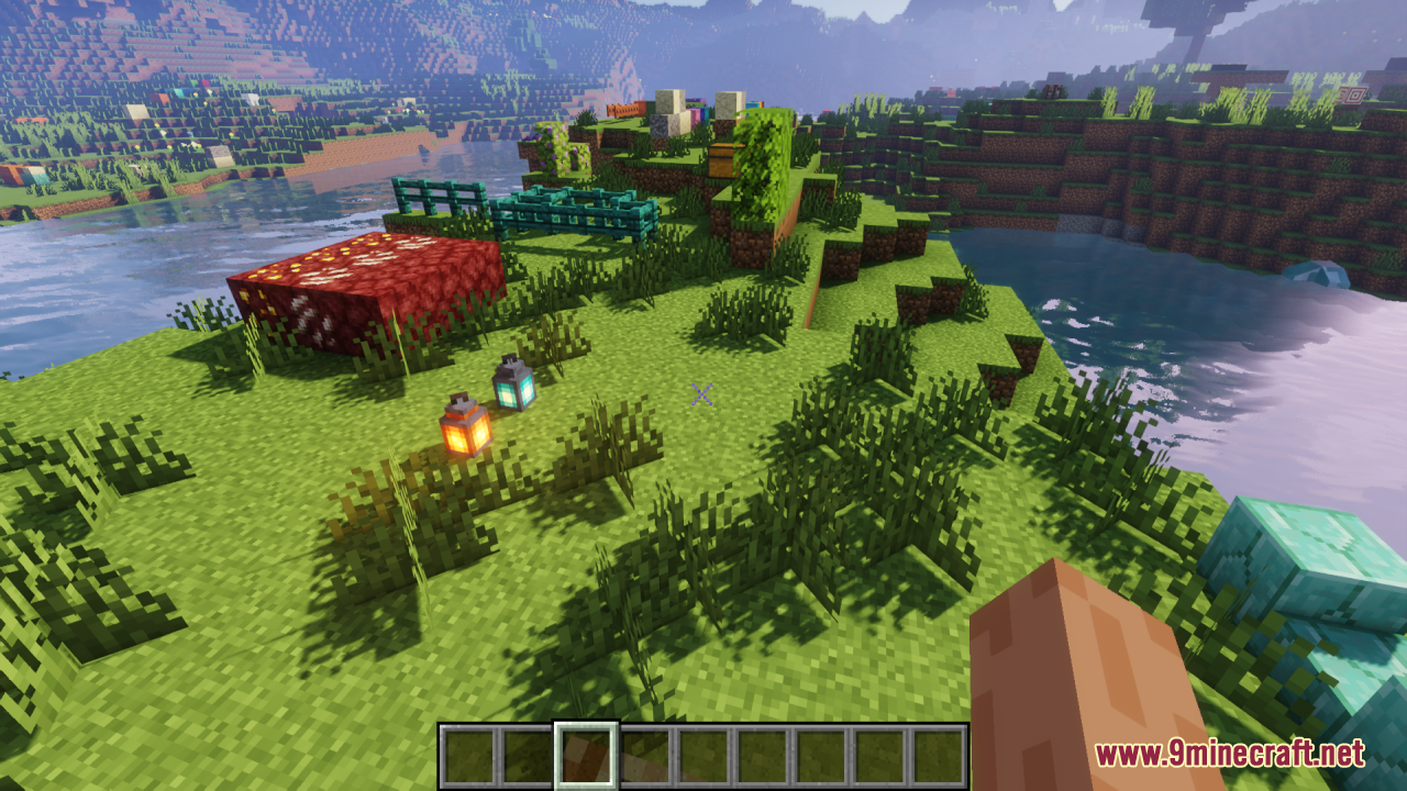 An X-Shaped Crosshair Resource Pack Screenshot 1 Player viewing a grassy landscape with the X shaped crosshair active