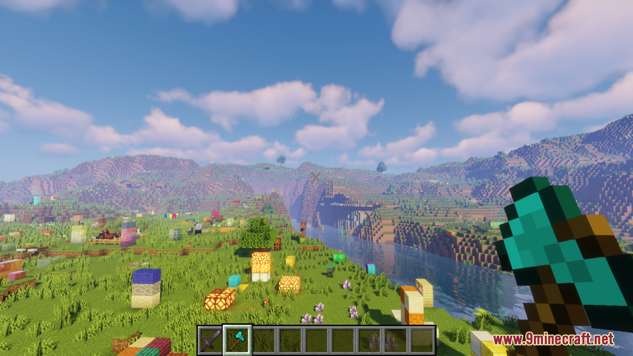 An X-Shaped Crosshair Resource Pack Screenshot 5 Player holding diamond axe viewing landscape with x shaped crosshair