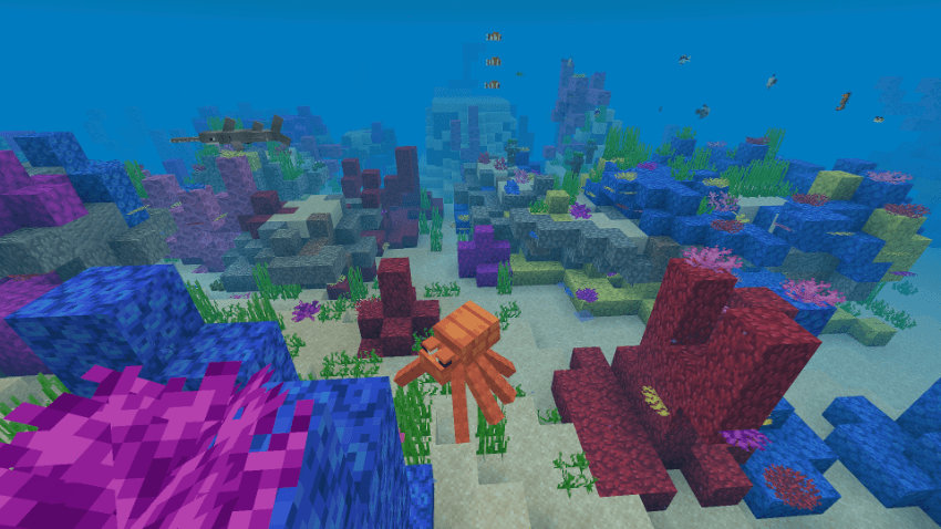 Immersive Fauna Aquatic Update Addon Screenshot 9 An orange octopus swims through a vibrant underwater coral reef