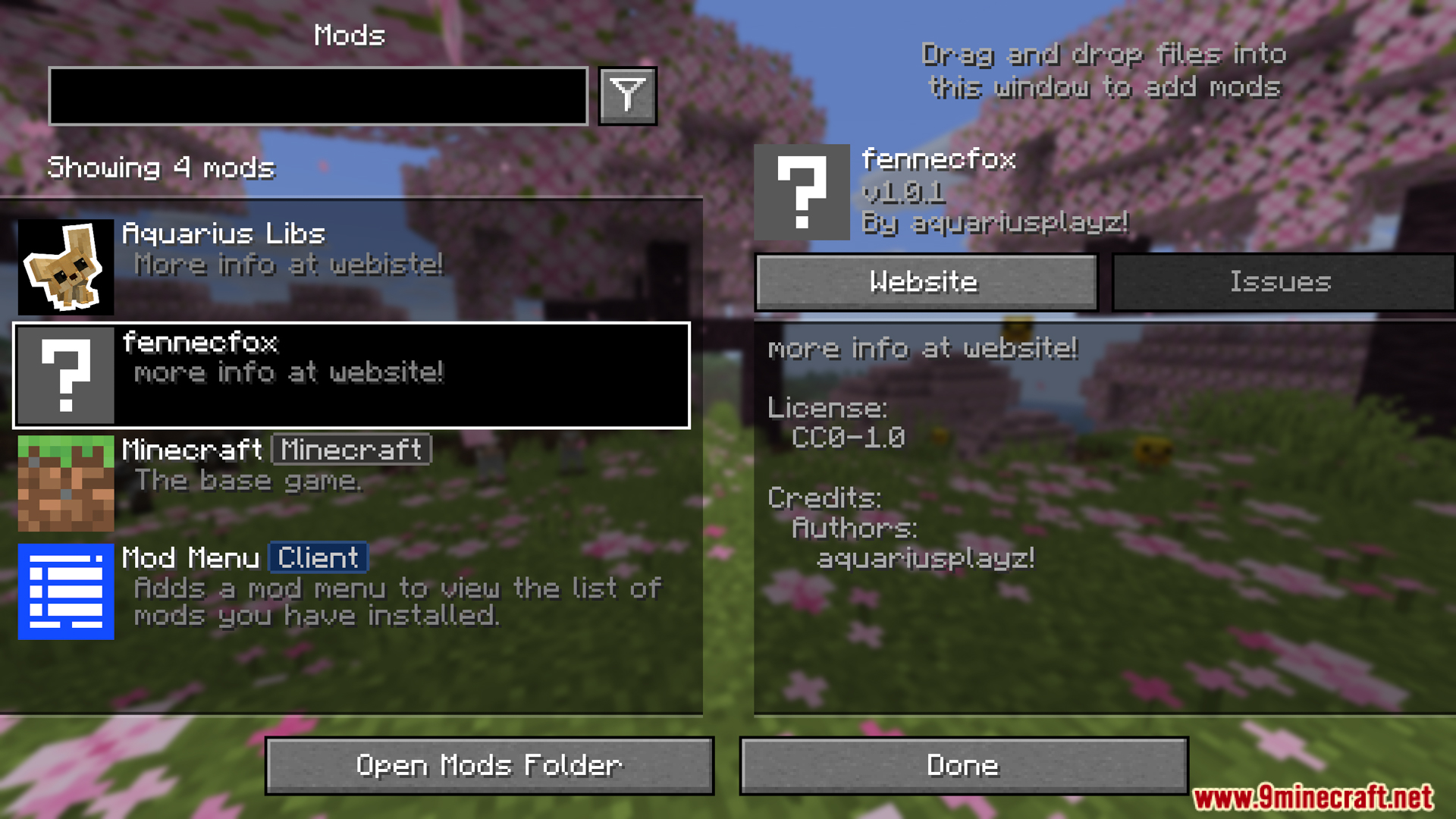 Minecraft mod menu screen displaying the installed modification details