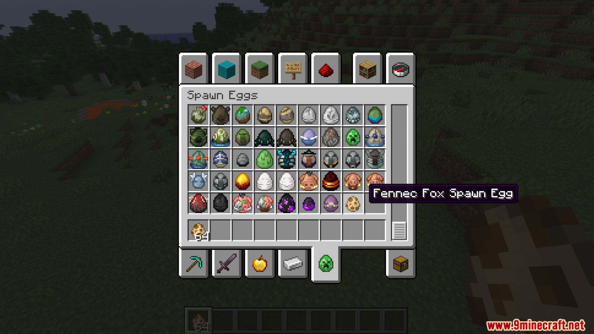 Selecting a fennec fox spawn egg from the creative inventory menu