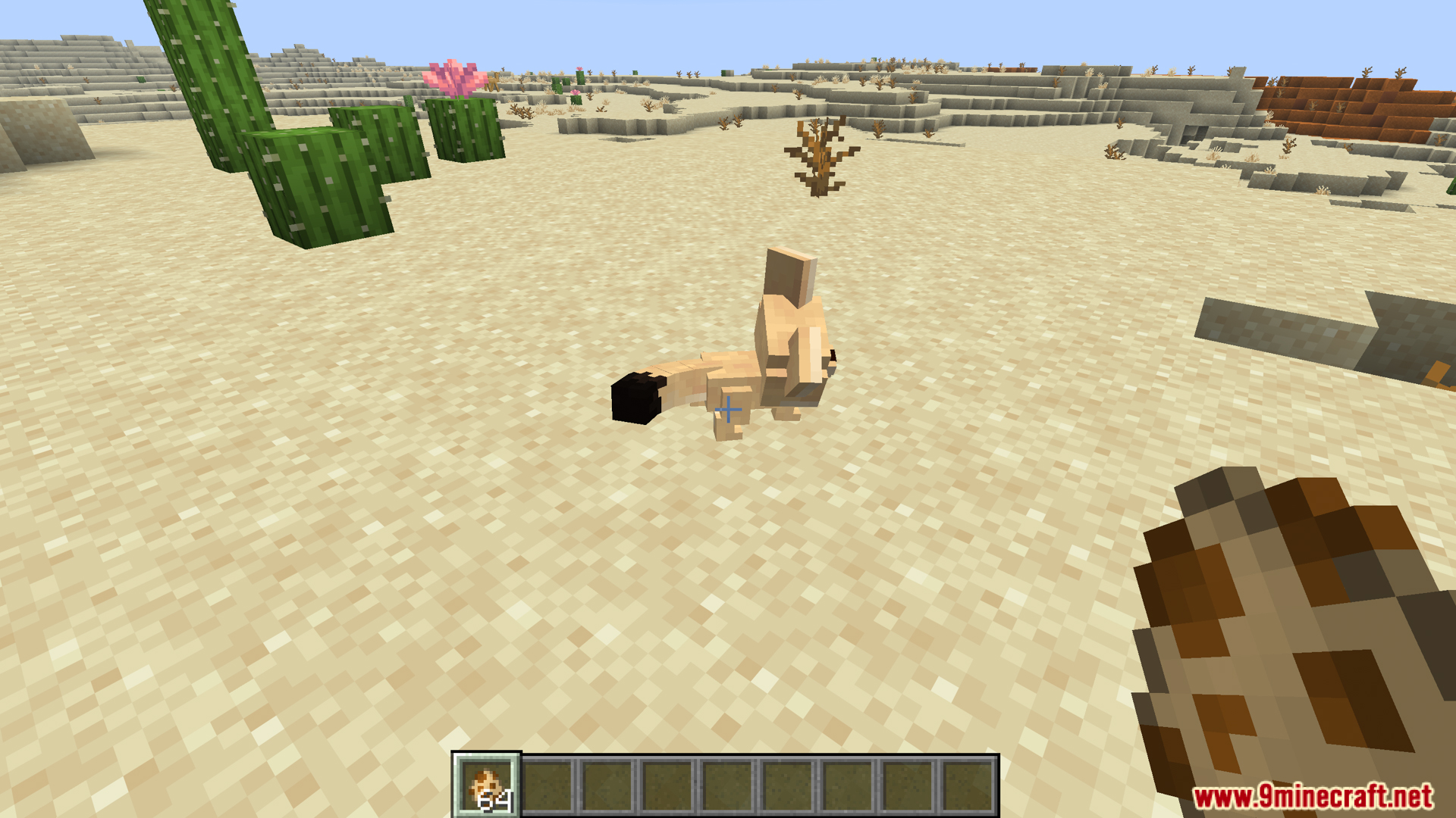A fennec fox standing on sand in a desert biome