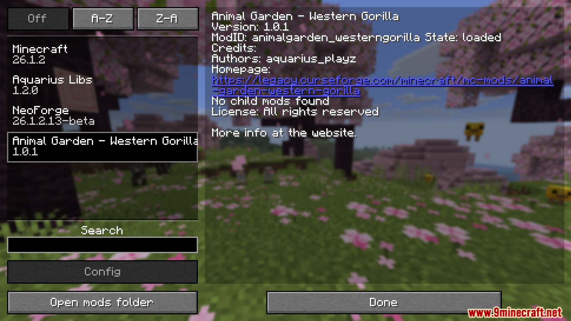 Mod menu screen showing Animal Garden Western Gorilla loaded