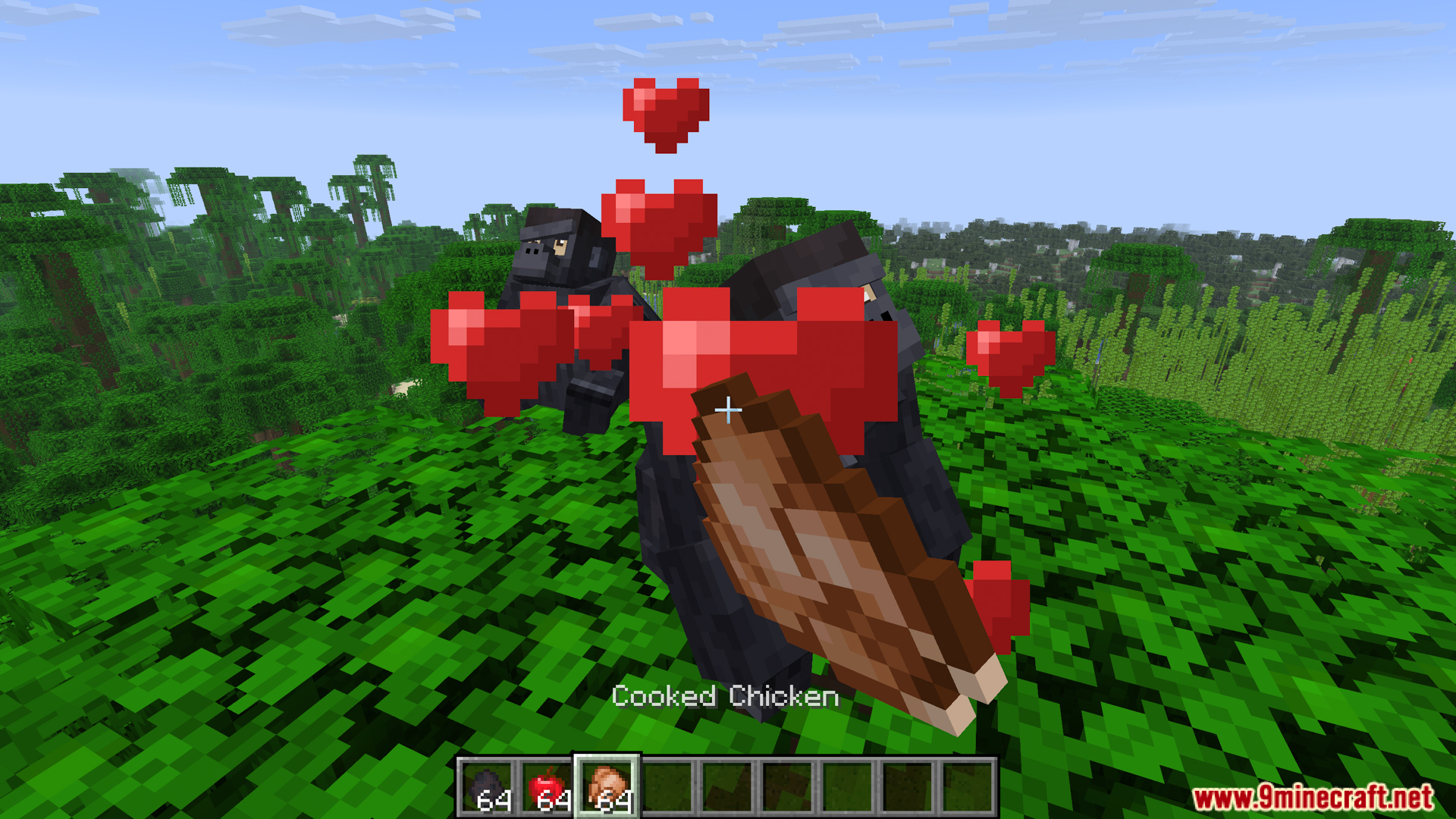 Player using cooked chicken to befriend gorillas in the jungle biome