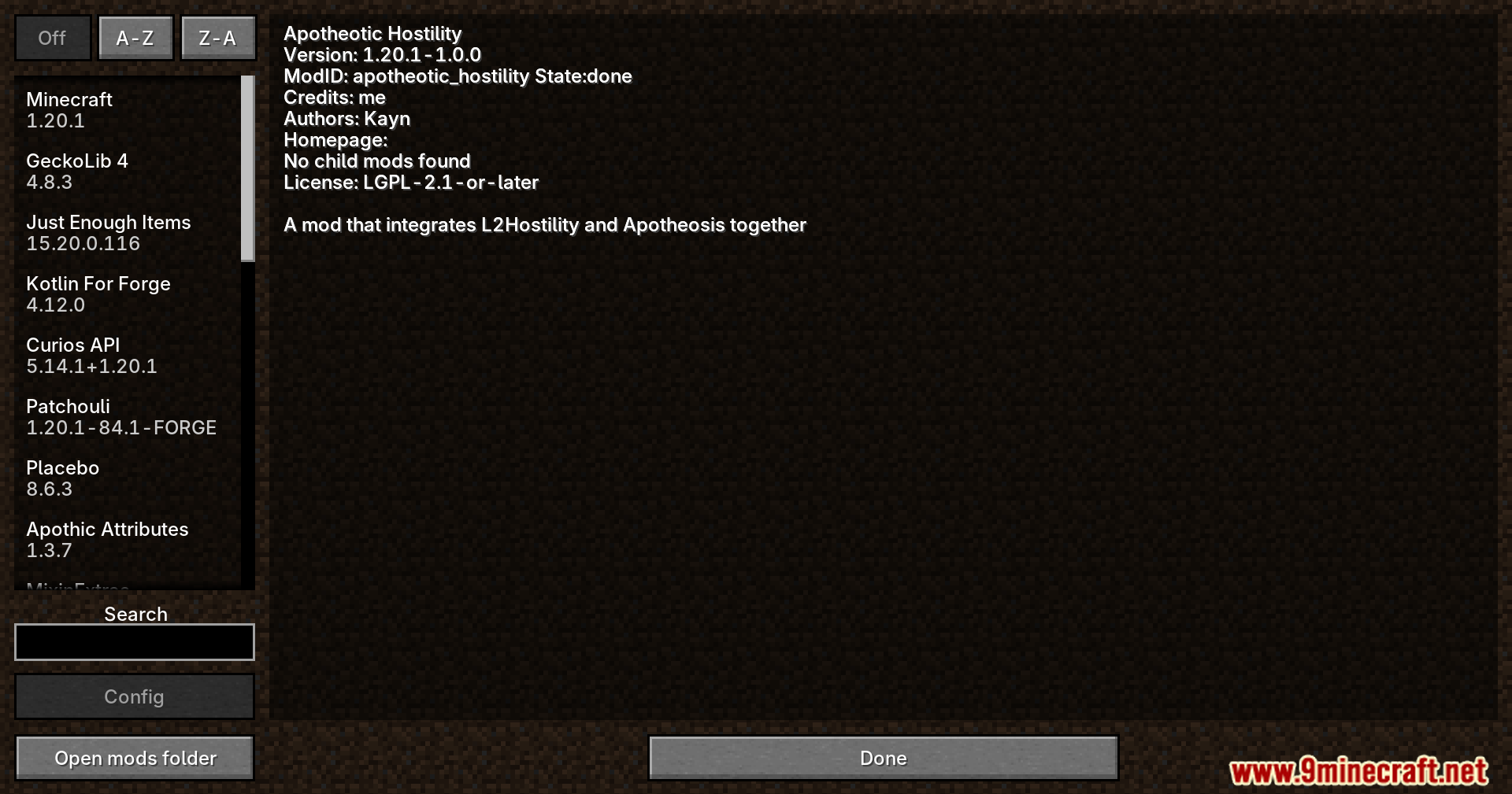 Apotheotic Hostility mod information screen in Minecraft