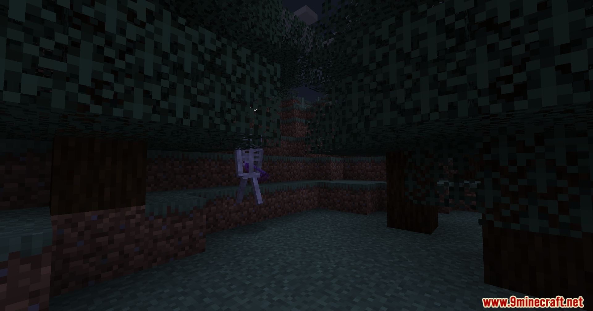 A skeleton with special purple gear in a dark forest