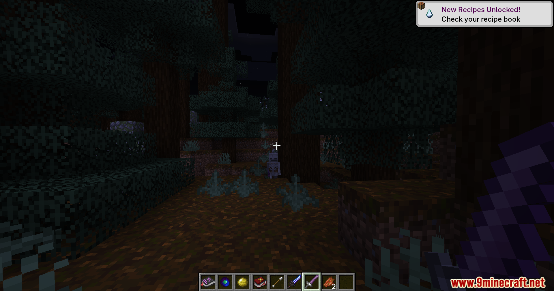 Player exploring a dark forest with a powerful enchanted sword