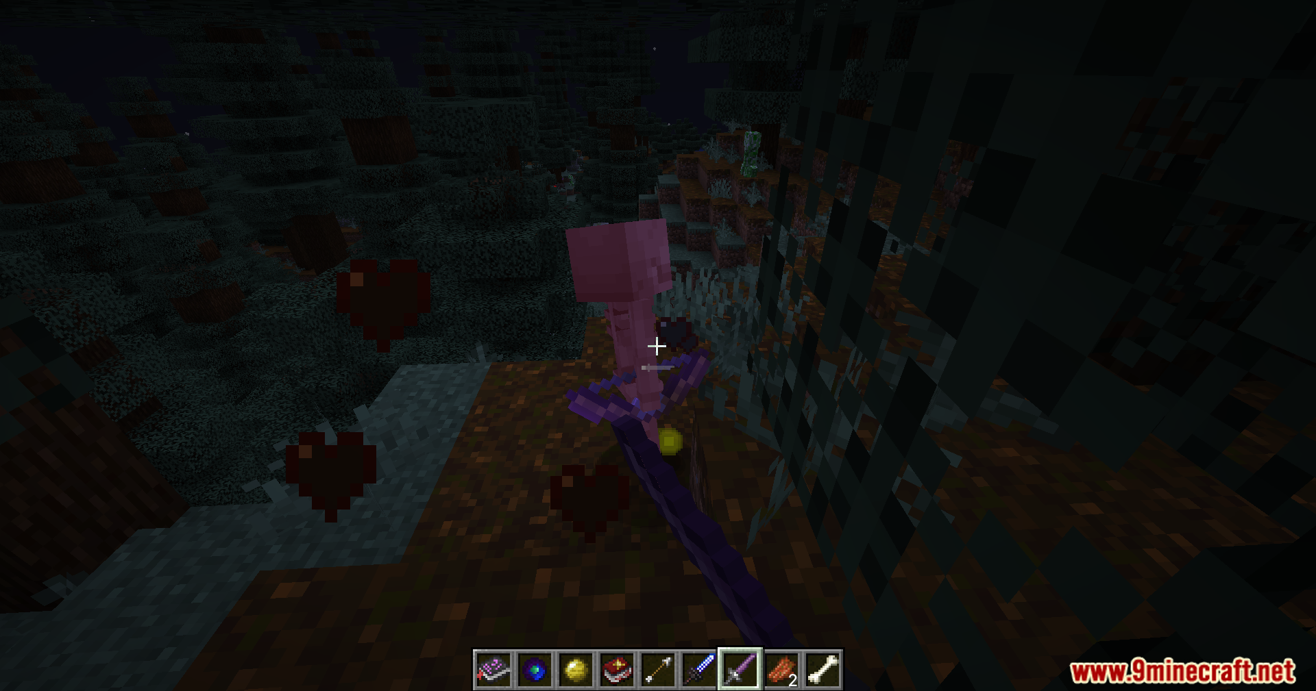 Fighting a pink skeleton with a purple crossbow