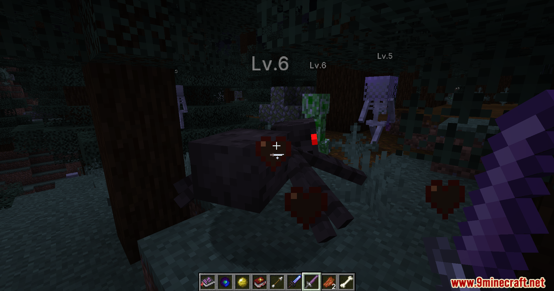 Player fighting leveled mobs in a dark forest at night