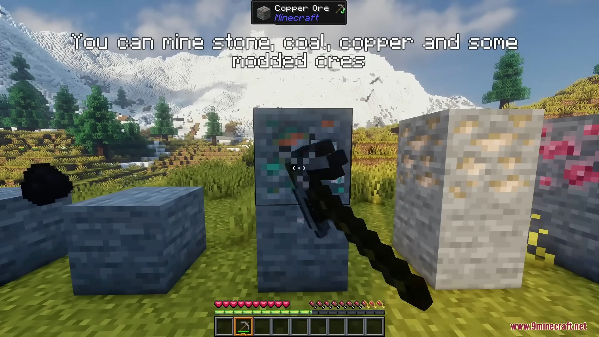 Player mining copper ore with a pickaxe in Minecraft