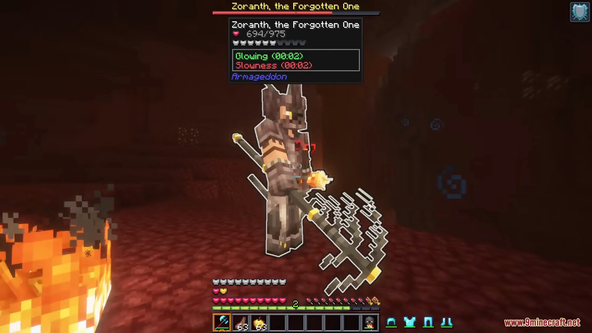 Battling Zoranth the Forgotten One boss in the fiery Nether