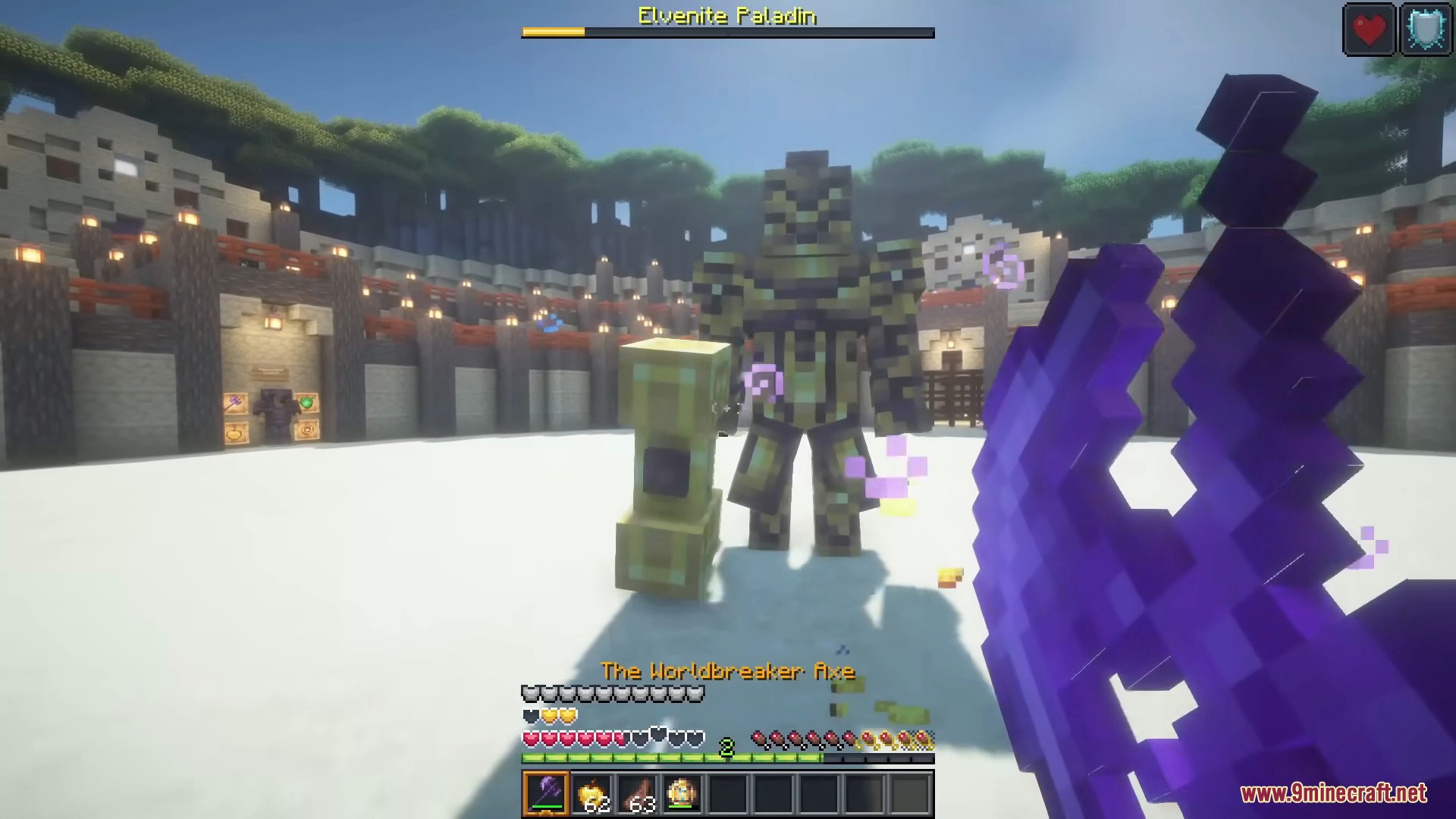 Facing the Elvenite Paladin boss arena holding The Worldbreaker Axe