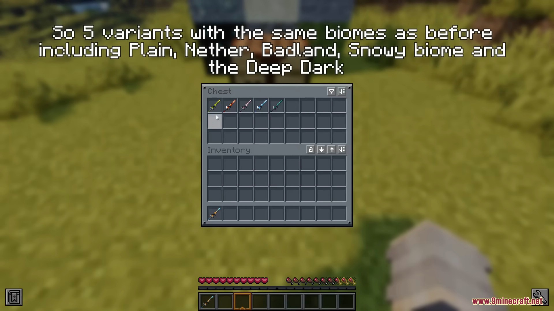 Chest inventory displaying five different sword variants for various biomes