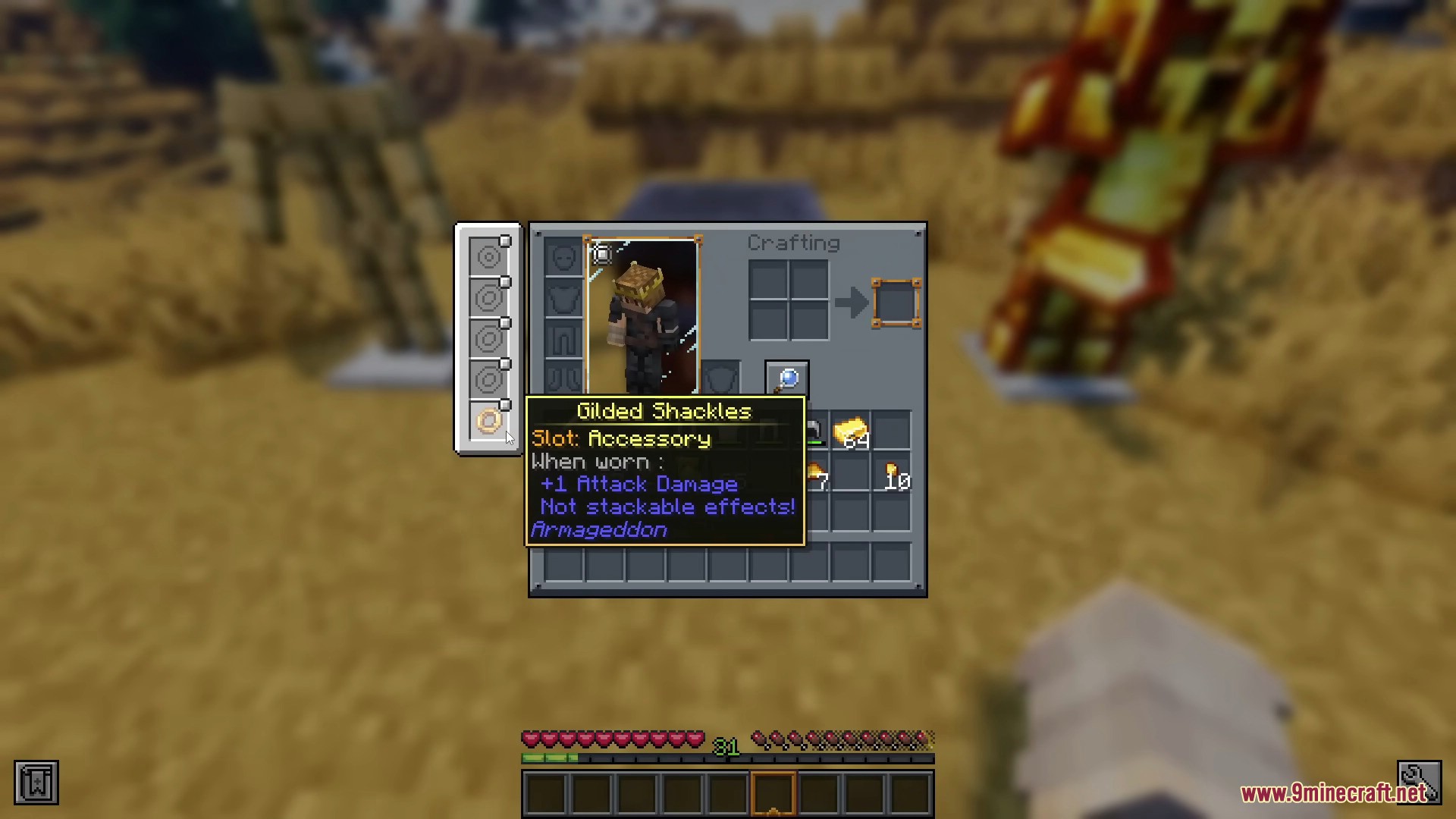 Armageddon mod inventory showing Gilded Shackles accessory equipped in new slot