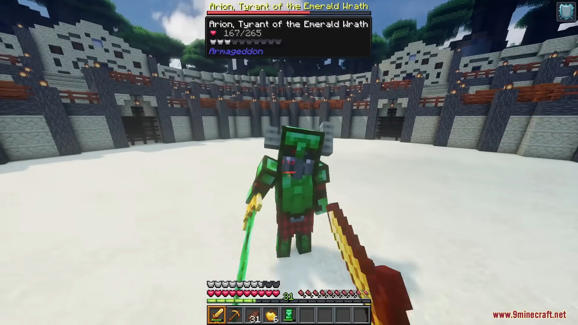 Player holding a large green sword in a grassy forest area