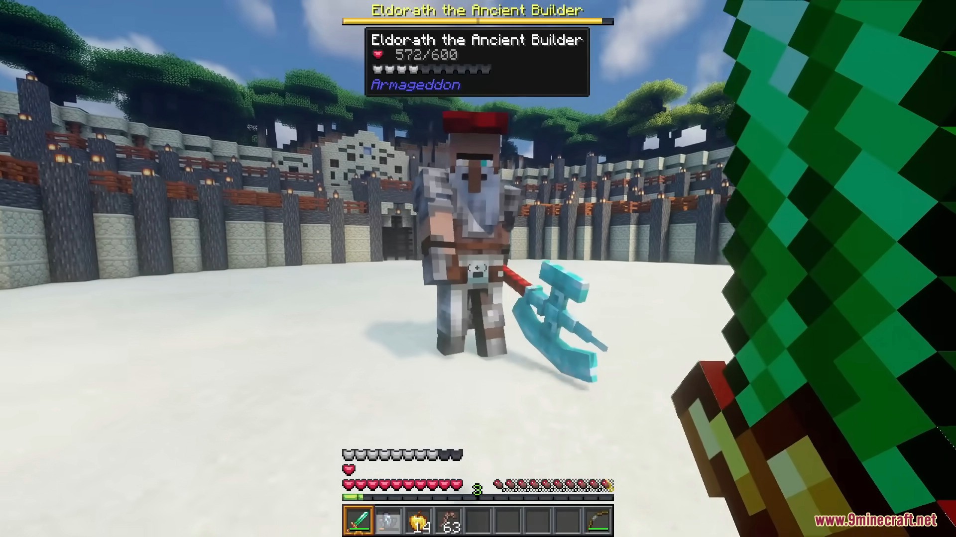 Player facing Eldorath the Ancient Builder boss in the combat arena