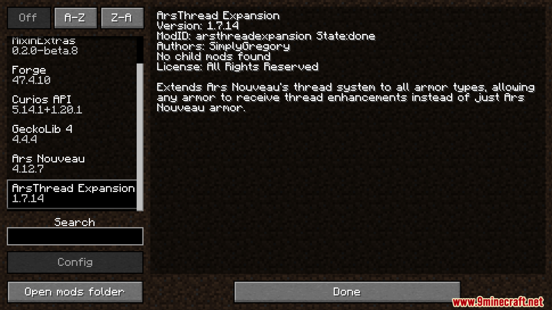 Arsthread Expansion Mod Screenshot 1 Viewing ArsThread Expansion mod details in the game mods menu
