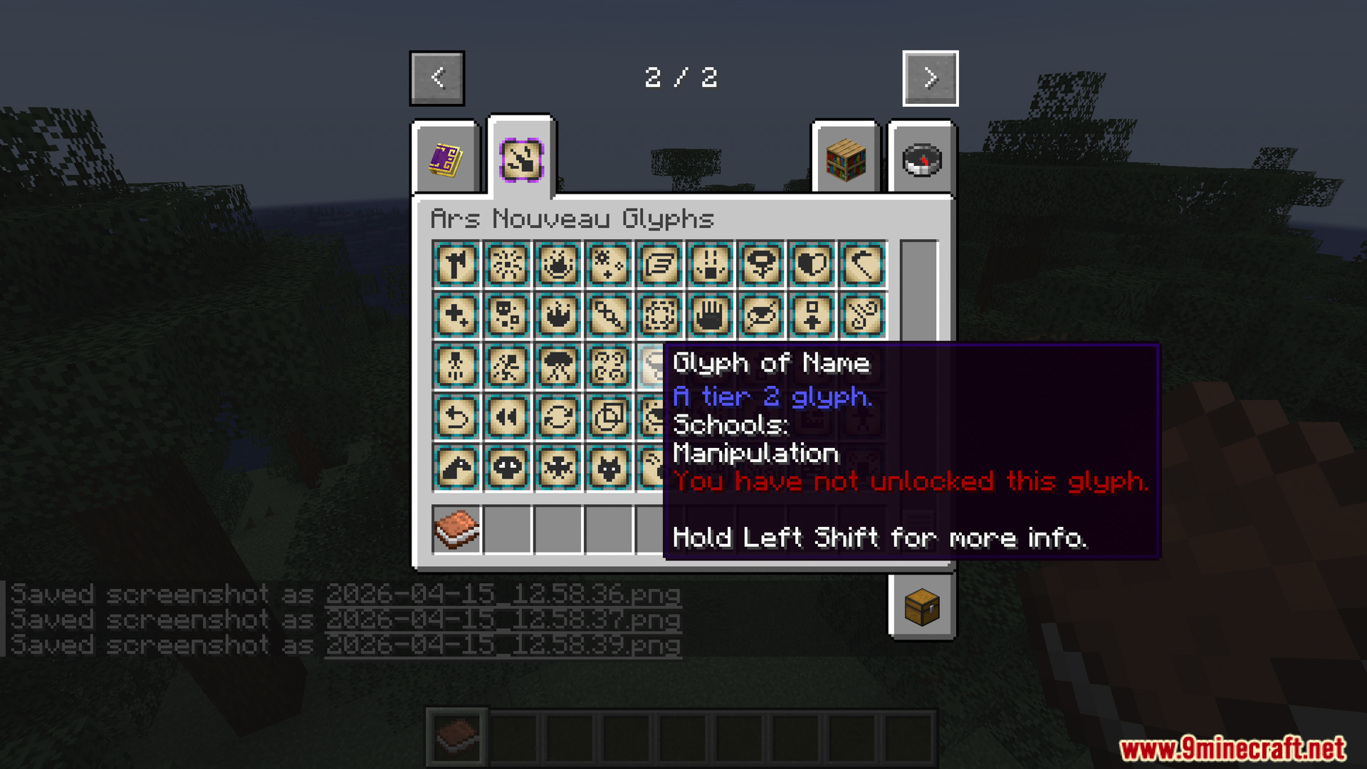 Arsthread Expansion Mod Screenshot 6 Hovering over the Glyph of Name in the Ars Nouveau menu