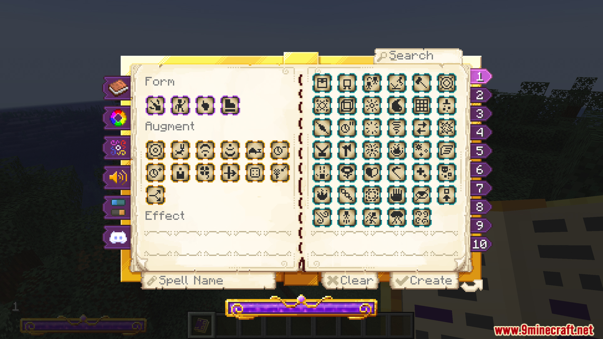 Arsthread Expansion Mod Screenshot 7 Displaying the spell creation book interface with Form, Augment, and Effect categories