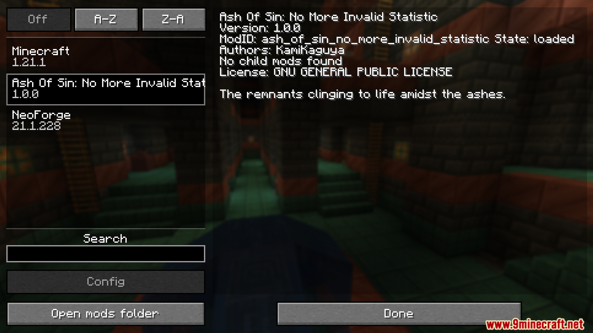 Ash Of Sin mod information screen in Minecraft