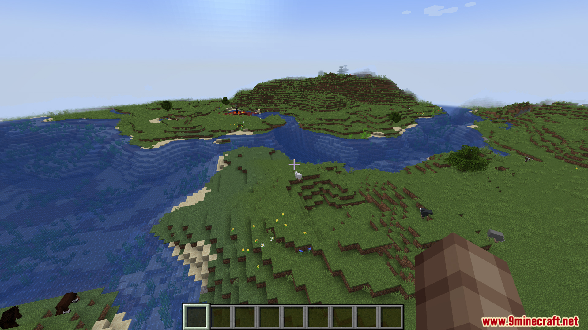 A scenic view of a large island in Minecraft