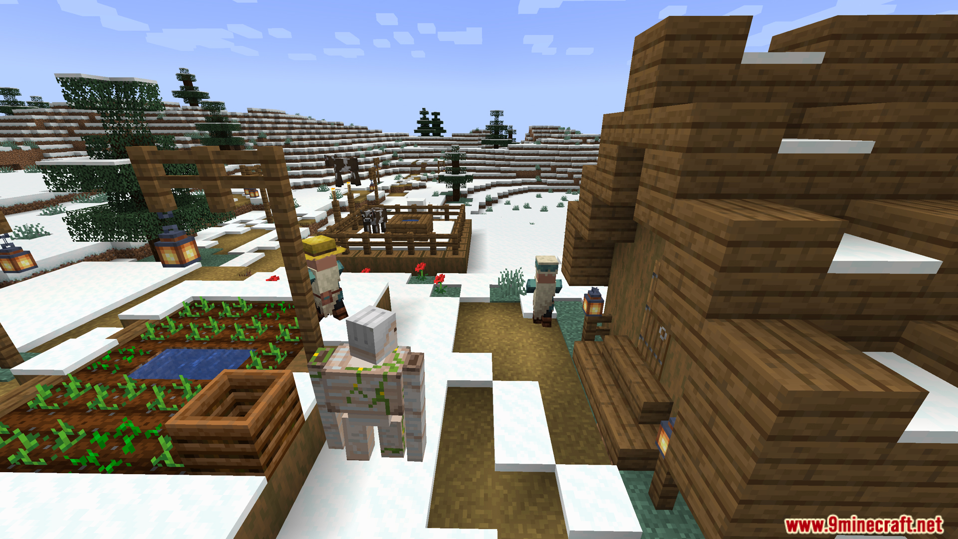 Villagers and an iron golem in a snowy taiga village