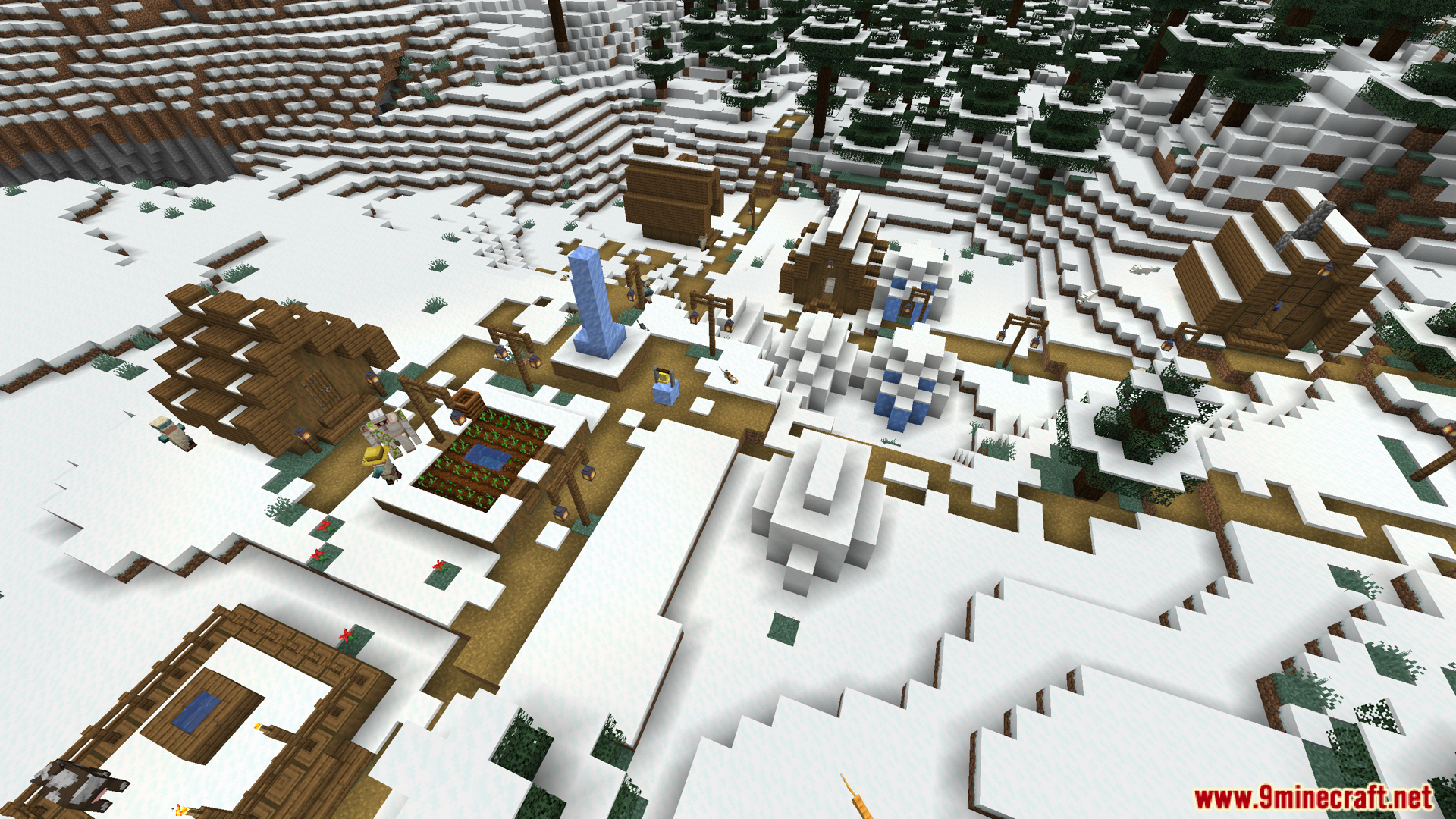 A snowy village nestled in a winter biome