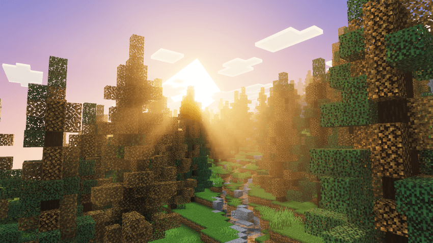 A beautiful Minecraft forest scene featuring realistic sunset lighting effects
