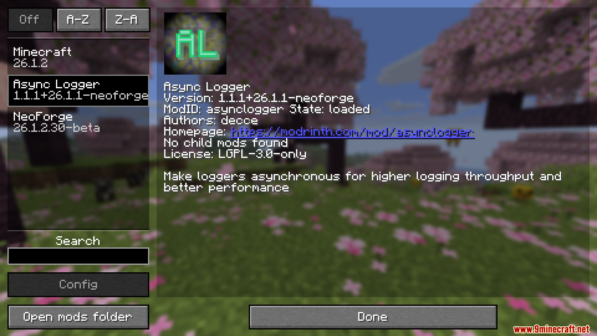 Async Logger mod information displayed in the mods menu