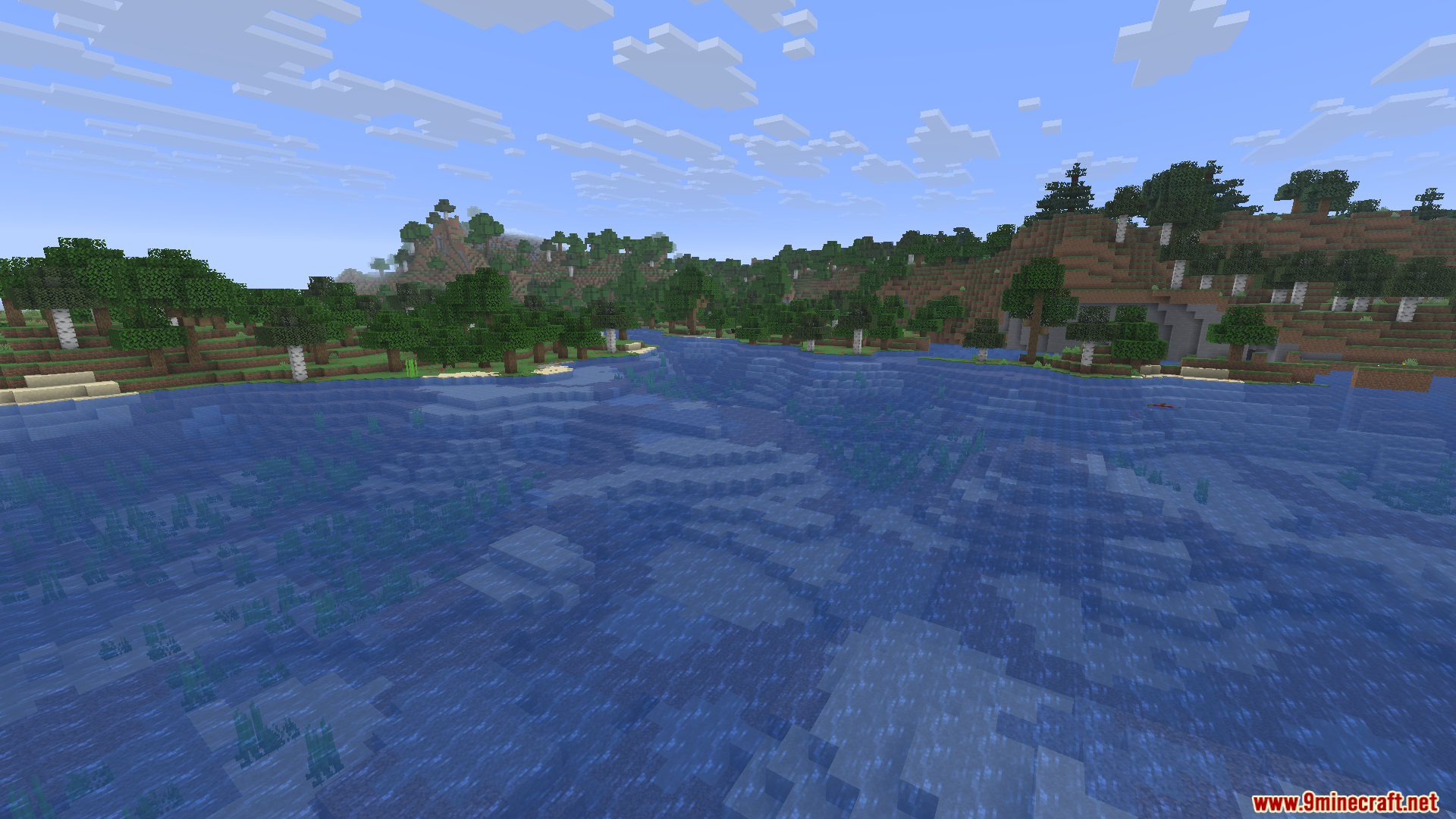 A wide river flowing through a forested Minecraft landscape