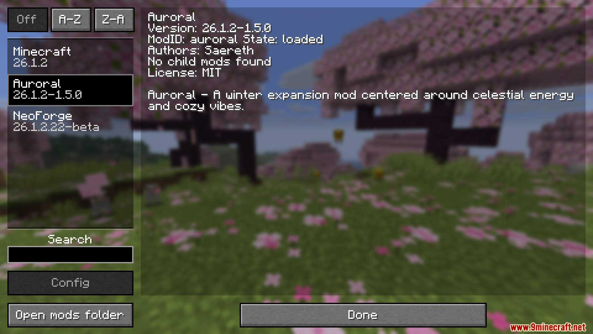 Mod menu displaying the Auroral winter expansion details and version
