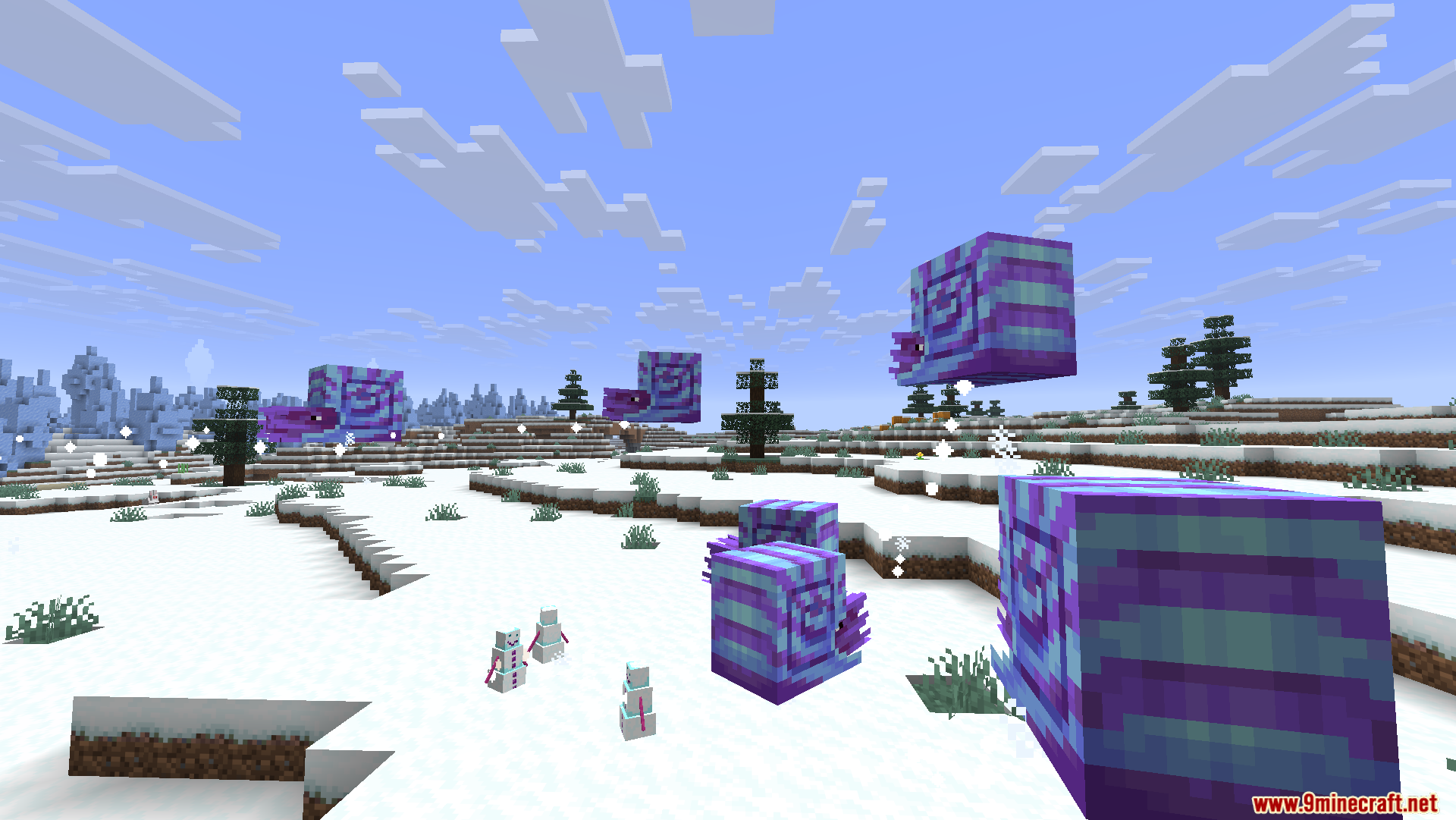 Giant floating snail creatures and tiny snowlette pets in snowy biome