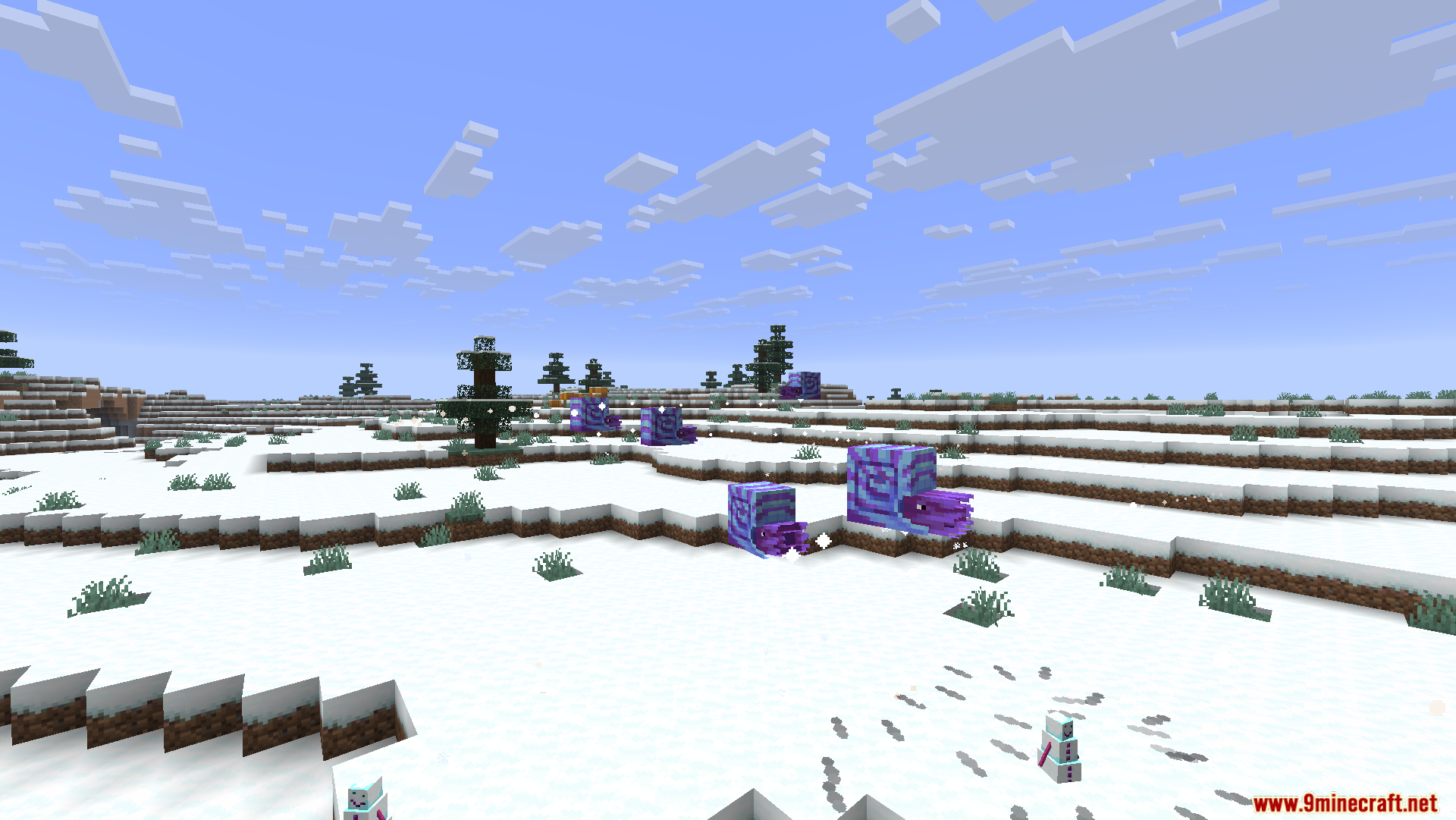 Purple snail creatures and tiny snowmen in a snowy biome