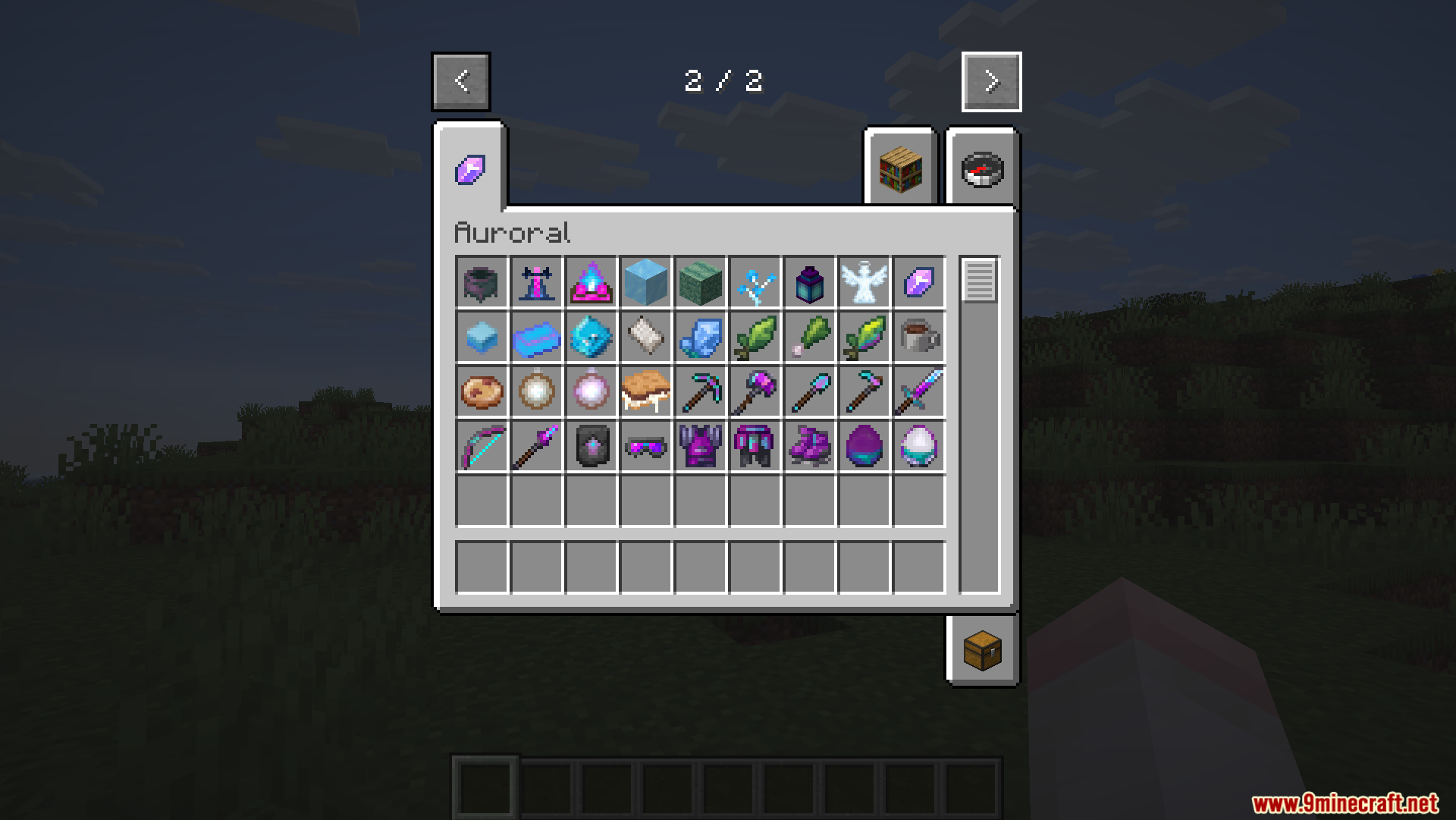 Player standing in a field wearing glowing blue Shimmerweave armor