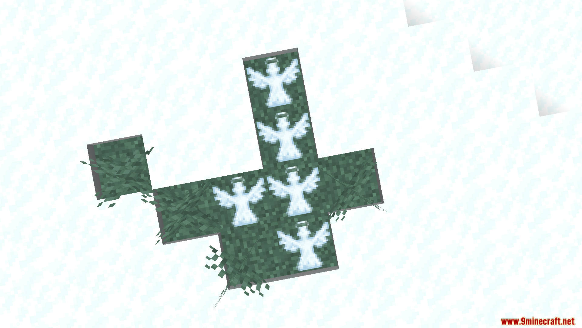 Glowing white angel decorations placed on green blocks in snow