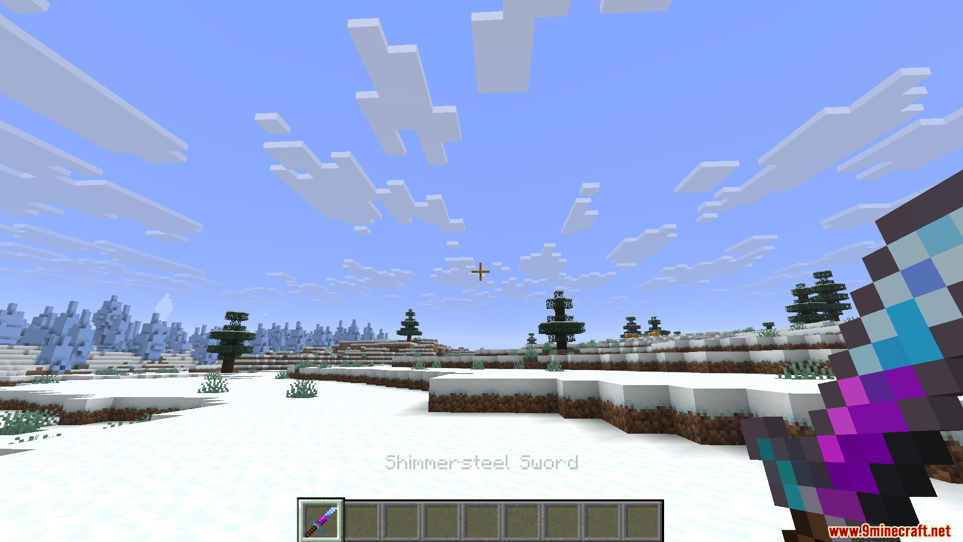 Player holding a Shimmersteel Sword in a snowy biome