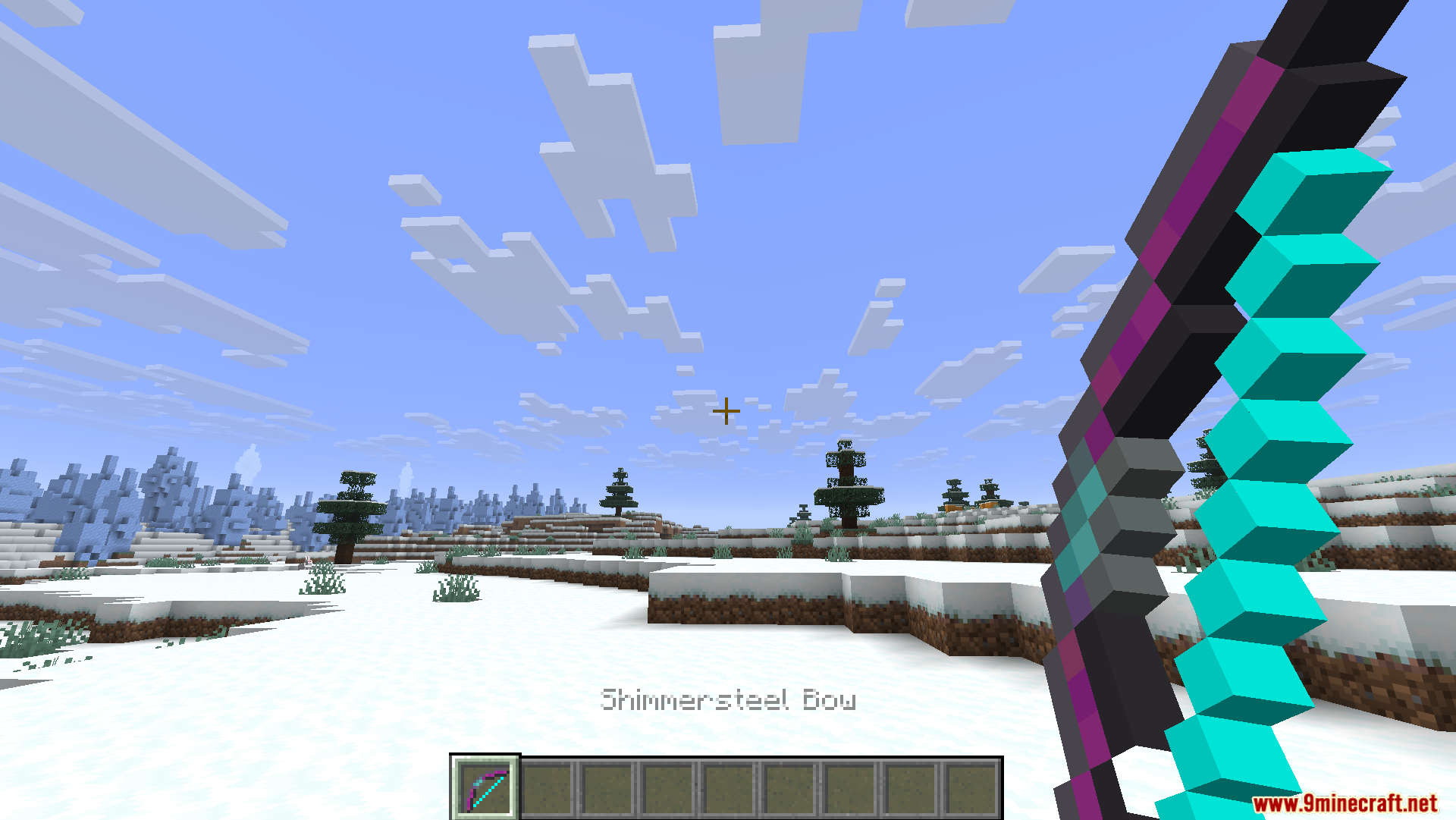 Player aiming a Shimmersteel Bow in a snowy landscape