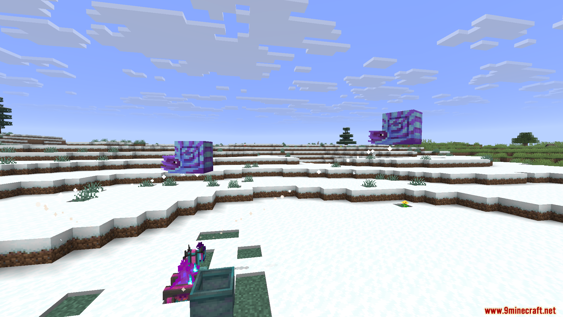 Floating purple snail creatures near a Glacial Basin in the snow