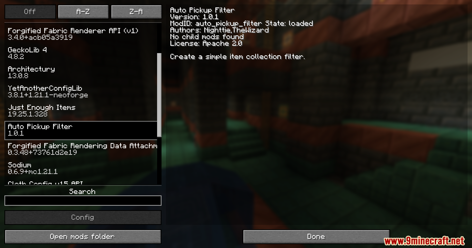 Mod list menu showing the Auto Pickup Filter mod selected