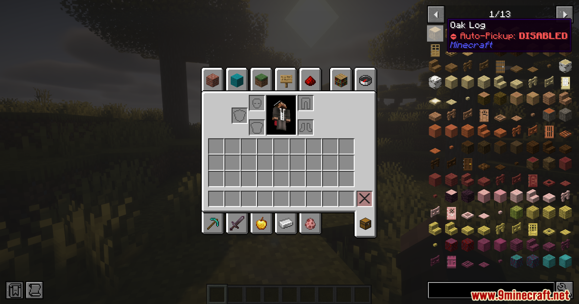 Player hovering over oak log in inventory with pickup disabled