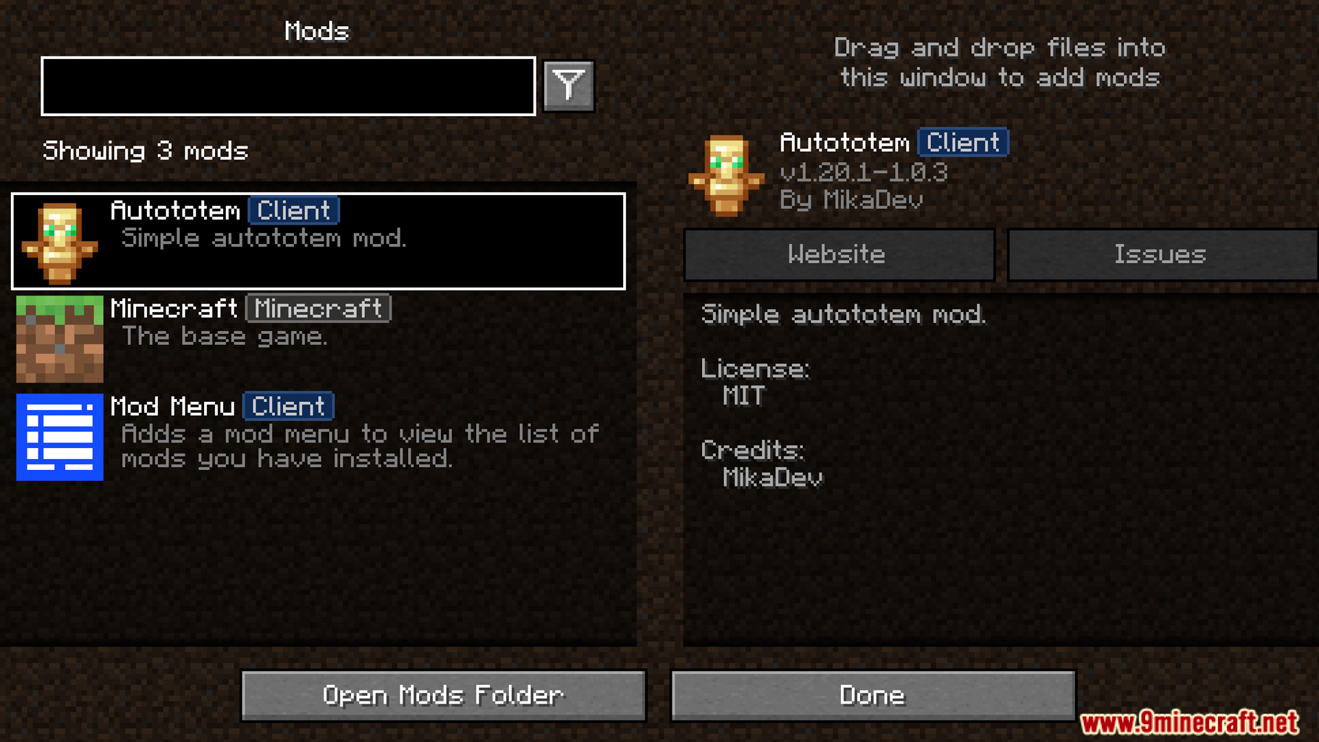 Mod menu interface showing the installed Autototem Client modification