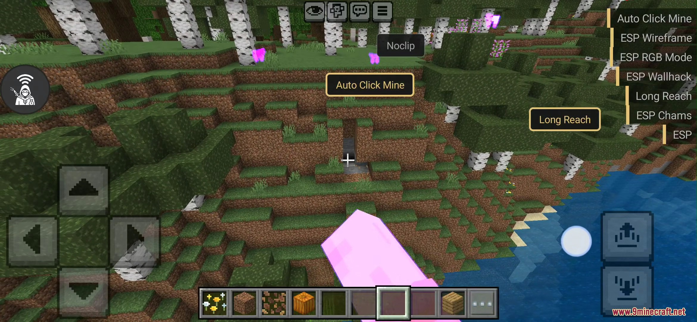 Player activating Auto Click Mine and Long Reach cheats