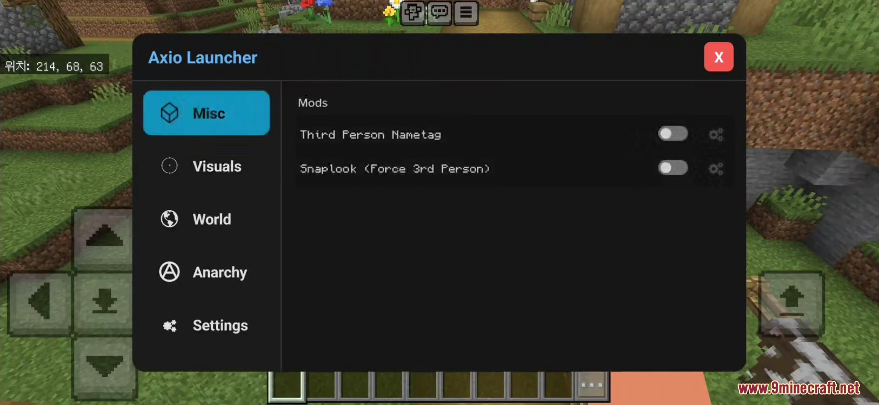 Axio Launcher menu displaying visual settings like third person nametag