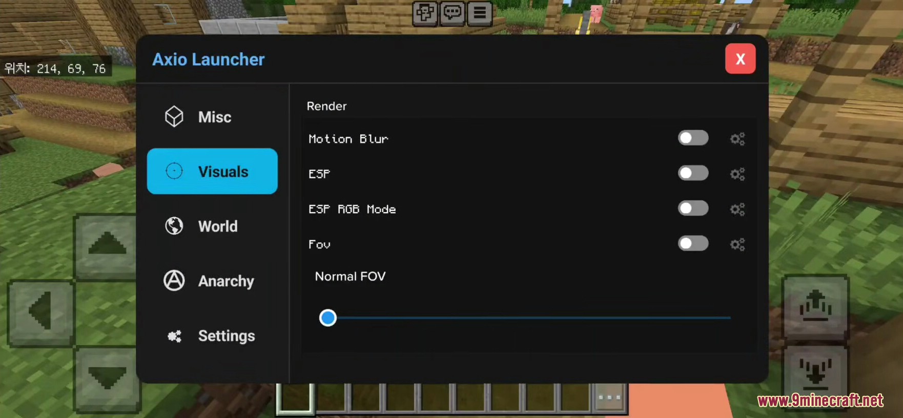 Visuals menu in Axio Launcher showing motion blur and ESP options