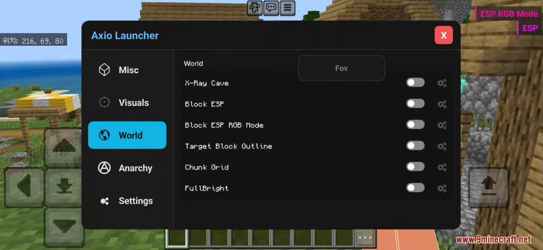 Axio Client Launcher menu showing World settings like X-Ray Cave