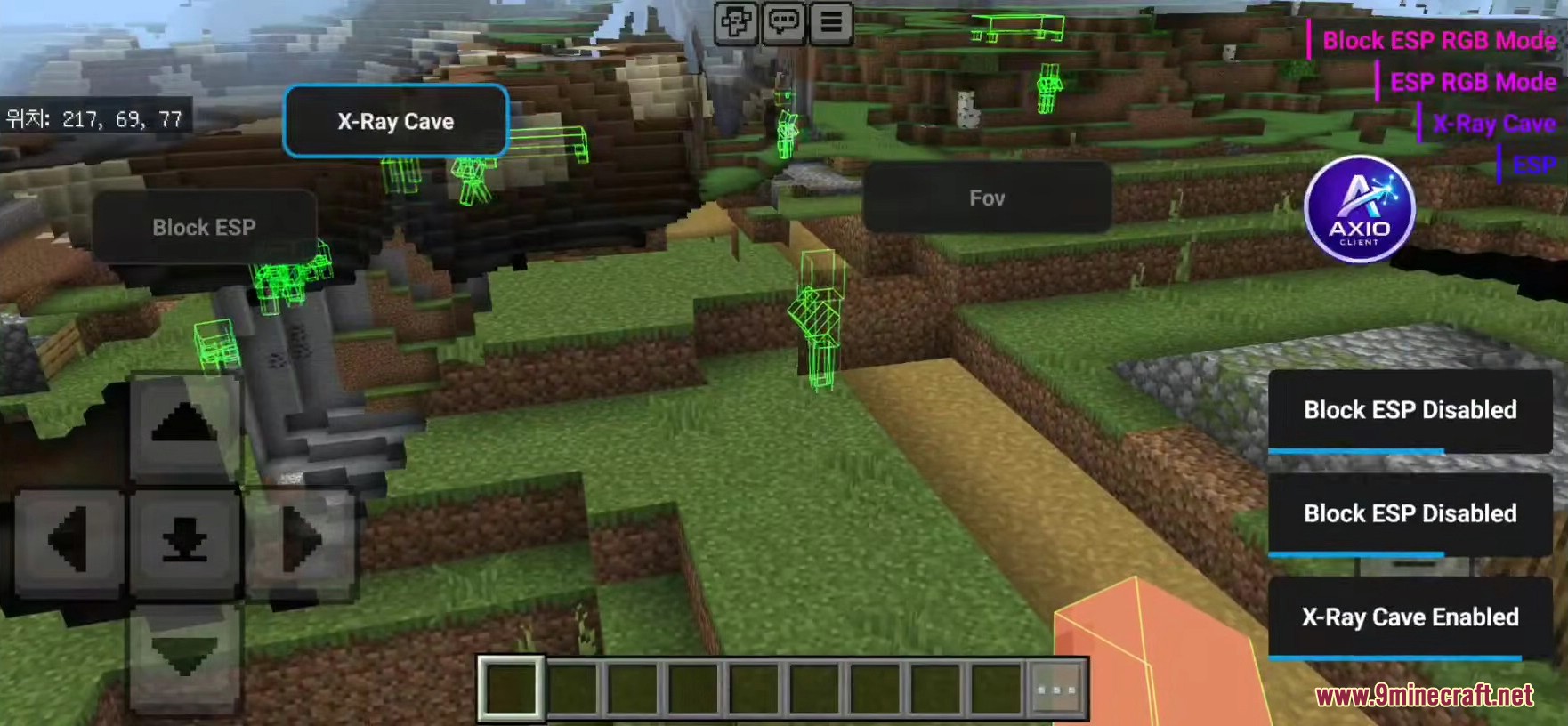 Player using X-Ray Cave feature to see mobs through blocks
